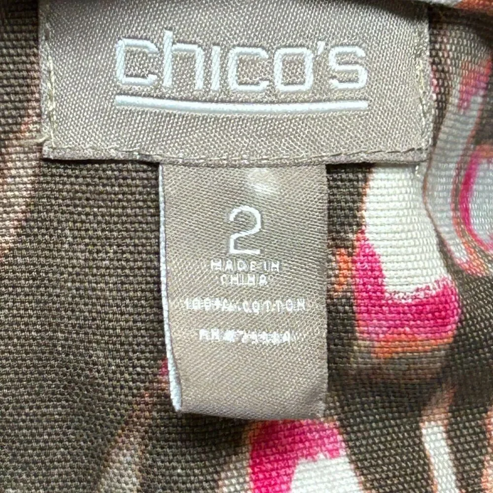 Chicos Jacket Womens 2 Large‎ 14 Brown Orange Pink Button Up 3/4 Sleeve Canvas